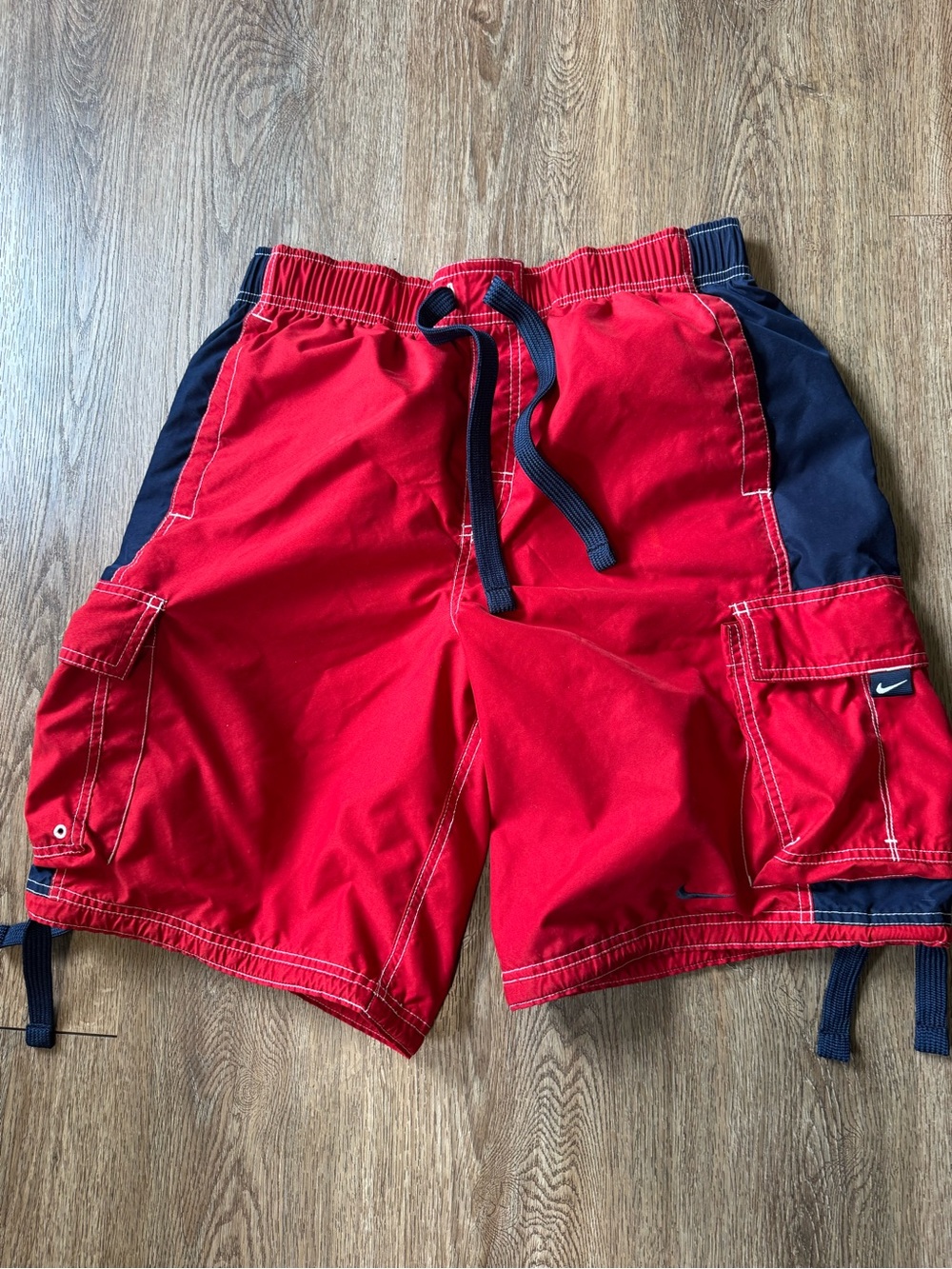 Nike Red Swim Cargo Shorts with Navy Accents